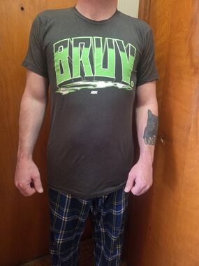 AEW Will Ospreay BRUV Graphic Short Sleeve Tee in Gray with Neon Green Logo